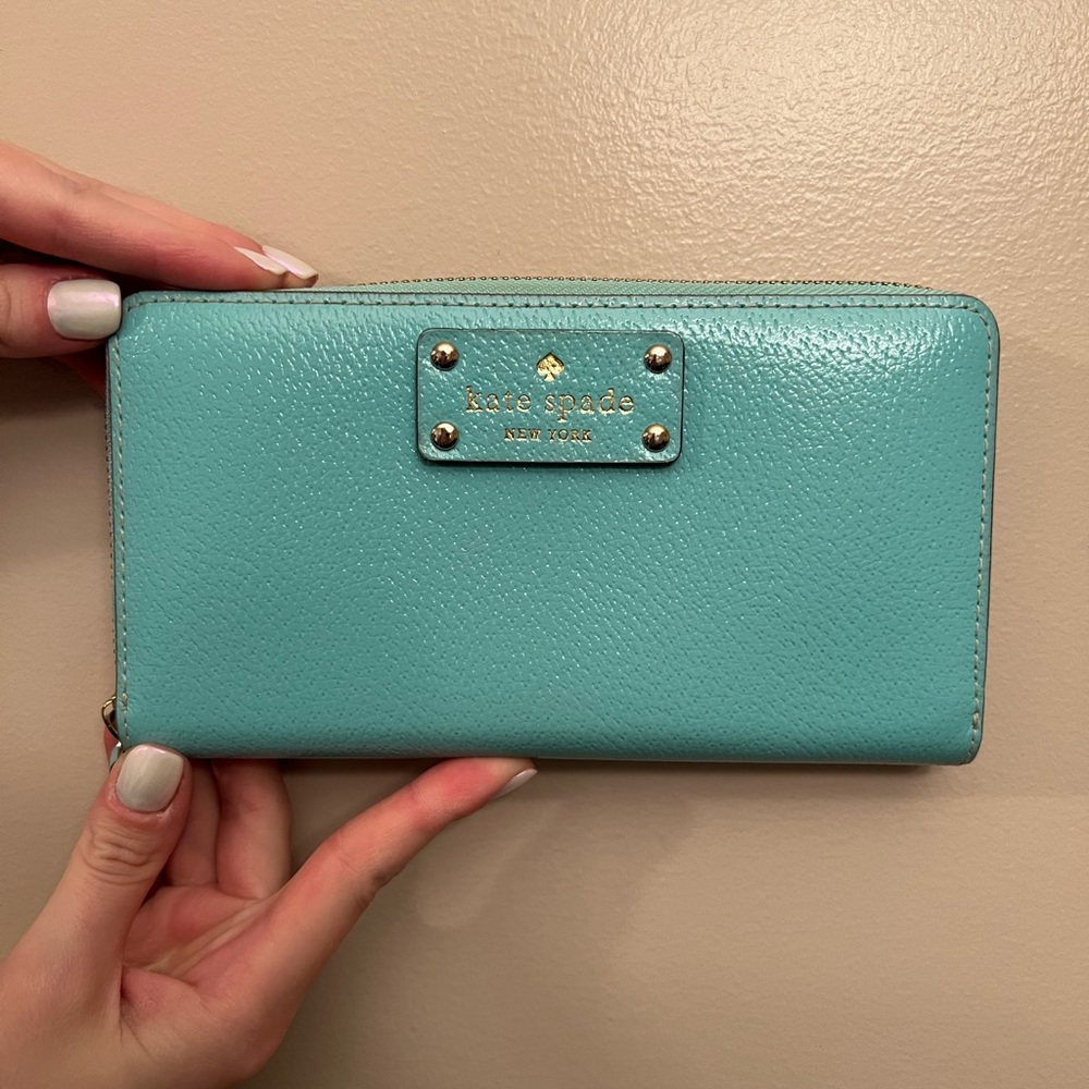 Aqua zip around, leather Kate Spade large wallet